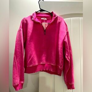 Zenana quarter zip semi cropped pink acid washed sweatshirt size medium